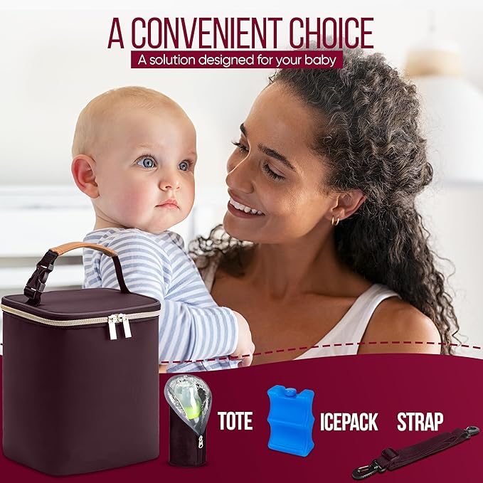 BreastMilk Cooler with Ice Packs and Tote Bags for Nursing, Large Capacity, Waterproof, Fits 9 Baby Bottles Up to 11 oz, Dark Brown-CubbioJoy