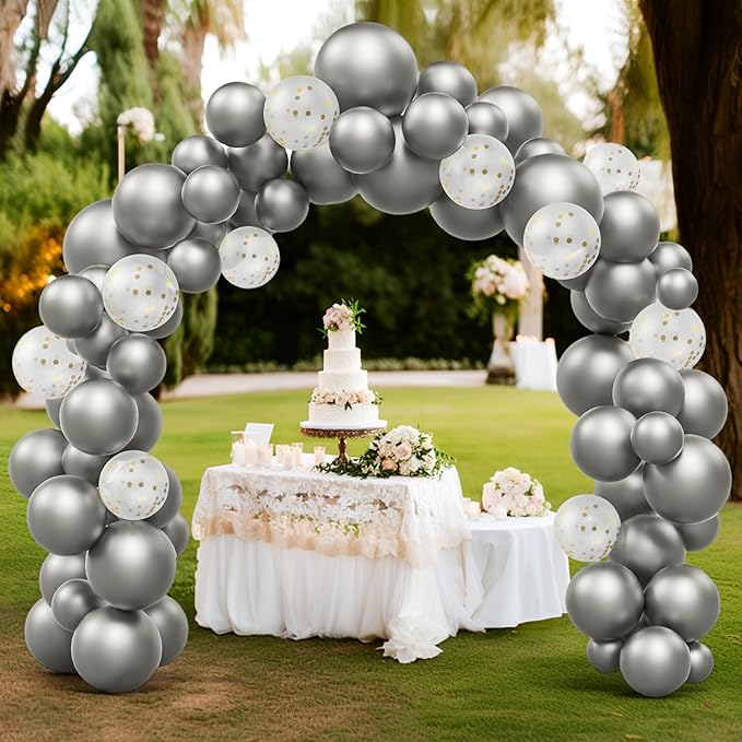 JOYIN 150 Pcs Metallic Silver Balloons, Different Sizes 18 12 10 5 Inch Silver Latex Balloon Arch Kit with Instruction for Birthday Party Graduation Wedding Holiday Decoration-CubbioJoy