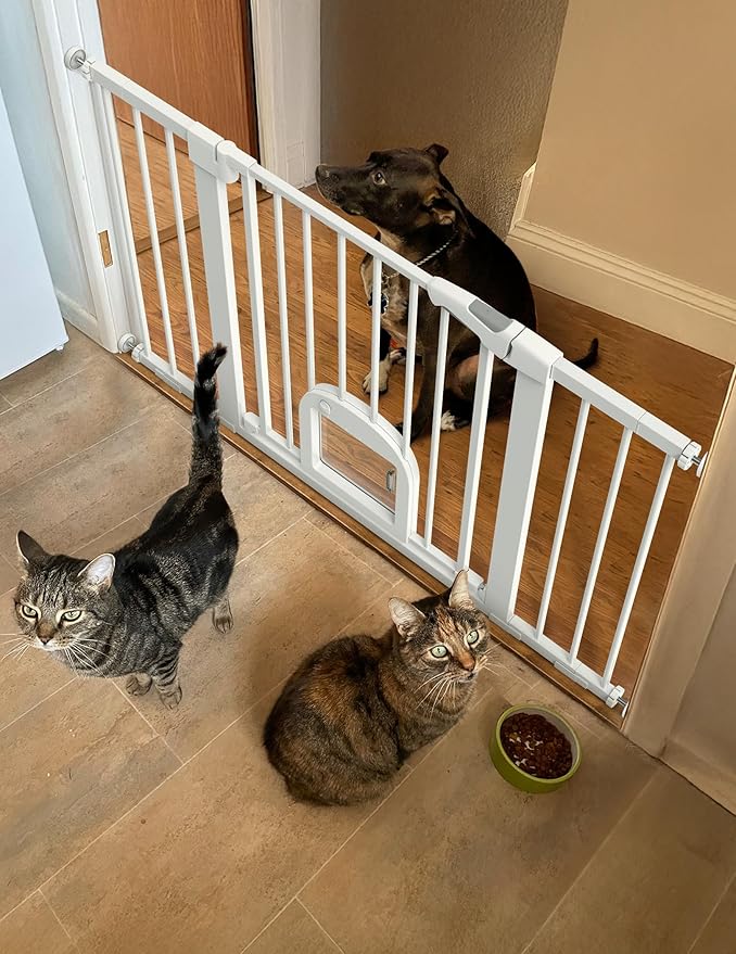 Babelio 29-48" Extra Wide Baby Gate with Adjustable Cat Door,Easy Install Pressure/Hardware Mounted,Auto Close Pet door for Stairs,House,Doorways,Effortless Walk Thru,White-CubbioJoy