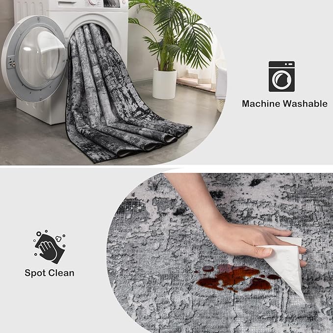 Area Rug Living Room Rug, 4x6 Modern Abstract Washable Rug Black Non Slip Foldable Faux Wool Vintage Carpet, Fluffy Non-Shedding Rugs for Living Room, Bedroom, Dining Room, Kids Playroom-CubbioJoy