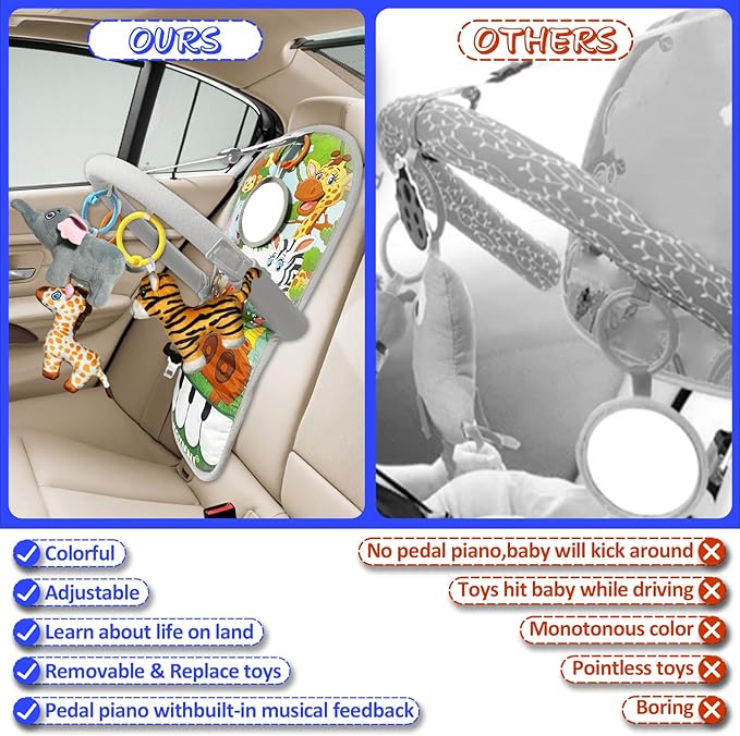 Car Seat Toys for 6-12 Months - Musical Pedal Piano with Baby Mirror, Squeaky Sensory Soft Animal Toys for Rear Facing Carseats-CubbioJoy