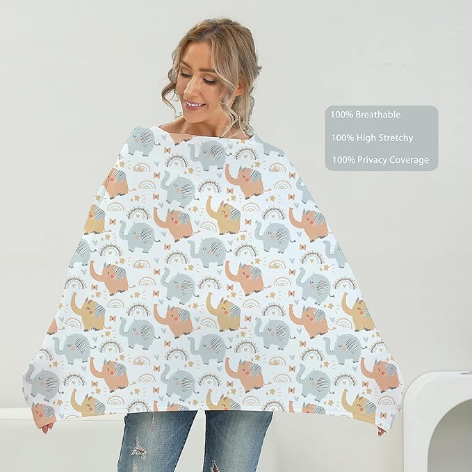 Breathable Car Seat Cover for Babies – Multi-Purpose Soft Rayon Nursing Cover for Breastfeeding, High Stretchy Infant Carseat Canopy, Stroller Cover (Smooth Rayon, Cute Elephant)-CubbioJoy