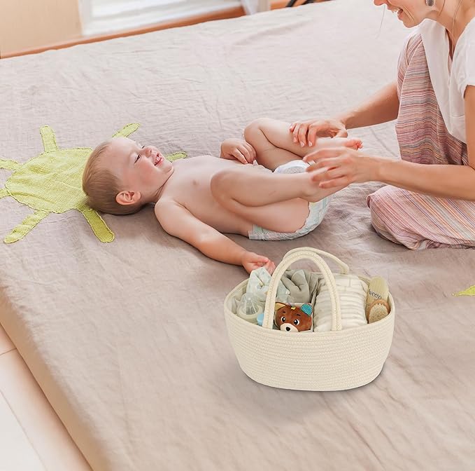 Diaper Caddy Organizer Cotton Rope Baby Basket Nursery Storage and Portable Tote Bag for Car Ideal Baby Shower Gifts and Registry Must-Have for Newborn Essentials beige-CubbioJoy