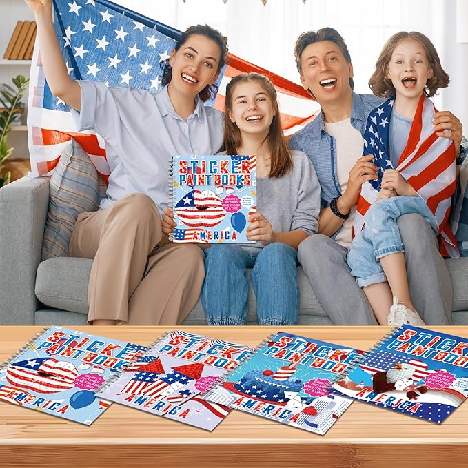 4Pcs Patriotic Paint by Sticker Books Sticker by Number Books Activity Book Puzzle Book Craft Art Gift Memorial Day 4th of July American Star 32 Pictures-CubbioJoy