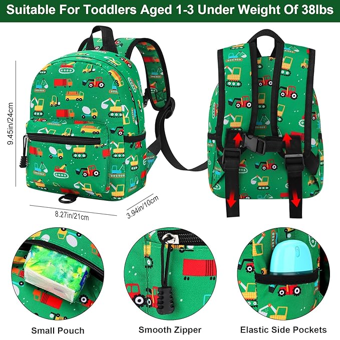 Accmor Toddler Backpack with Leash, Cute Baby Backpack with Anti Lost Wrist Link, Mini Kids Backpack Leash Walking Harness for Travel, Small Excavator Backpack Tether for Boys Girls Ages 1-3 (Green)-CubbioJoy