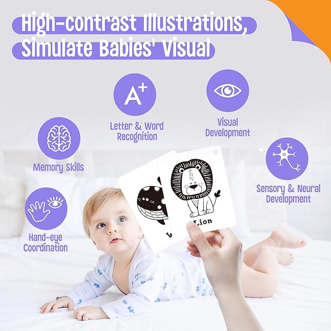 52 PCS Baby Visual Stimulus Cards, Double-Sided High Contrast Black and White, Colorful Alphabet Words Flashcards, Visual Sensory Development Montessori Cards Set for Newborn Baby, Kids, Preschool-CubbioJoy