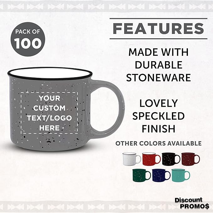 DISCOUNT PROMOS Custom Ceramic Campfire Coffee Mugs 13 oz. Set of 100, Personalized Bulk Pack - Perfect for Tea, Espresso, Cappuccino, Hot Cocoa - Grey-CubbioJoy