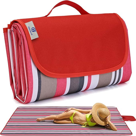 Beach Blanket Picnic Mat Sandproof Waterproof Extra Large Outdoor Camping Blanket Foldable Portable Picnic Mat for Travel Hiking Music Festival Park Lawn Grass Red Lines-CubbioJoy