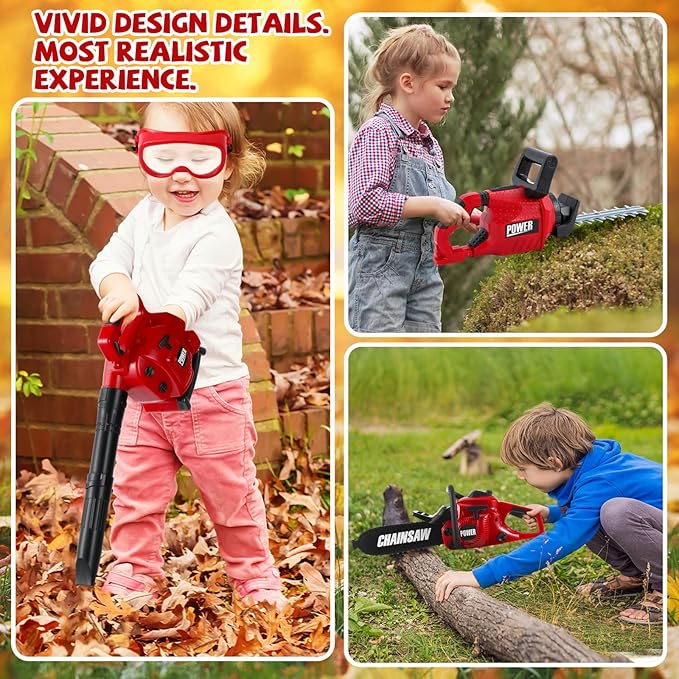 3 Pcs Toy Gardening Tool Set for Kids Toy Leaf Blower Hedge Trimmer Chainsaw Pretend Play Set with Lights and Sounds Birthday for Boys Girls-CubbioJoy