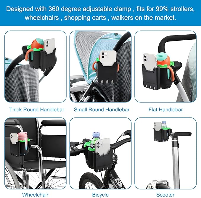 Accmor Stroller Cup Holder with Phone Holder, Universal Cup Holder, Bike Cup Holder, 360° Rotatable Large Caliber Drinks Holder for Stroller, Bike, Wheelchair, Walker-CubbioJoy
