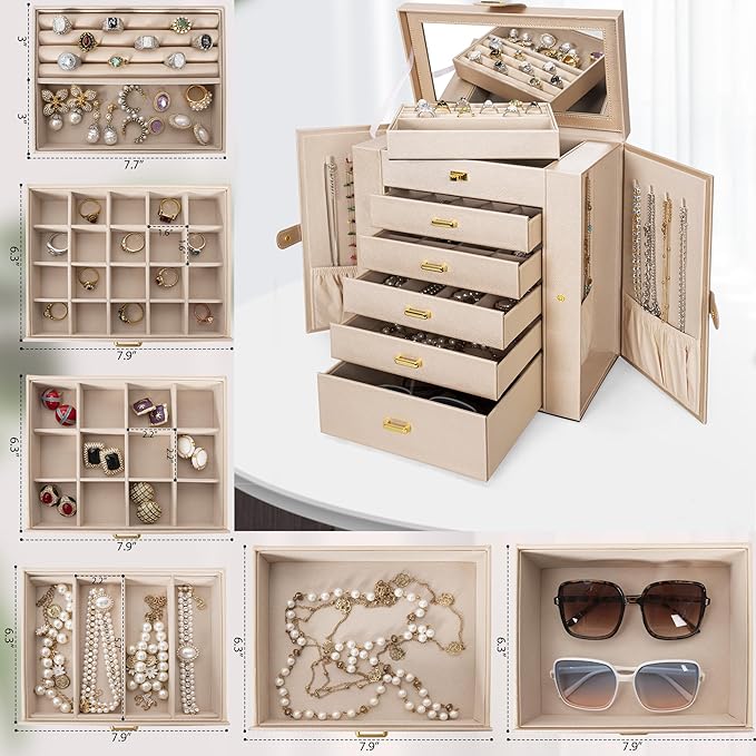 AKOZLIN Huge Jewelry Box Organizer Functional Extra Large Leather Jewelry Storage Case for Women Girls Ring Necklace Earring Bracelet Holder Organizer with Mirror-CubbioJoy