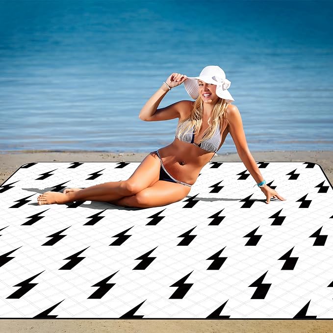79''x79'' Extra Large Picnic Blankets, Waterproof Sandproof Foldable Outdoor Picnic Mat, Portable 3-Layer Fabric Beach Blanket for Camping, Park, Travel, Family Friends-Stylish Lightning Pattern-CubbioJoy