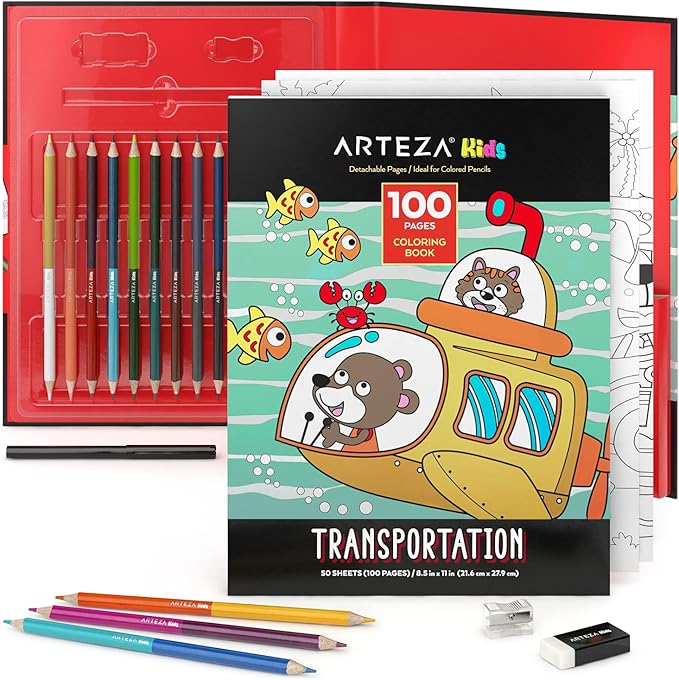 ARTEZA Kids Coloring Book and Colored Pencils Set, Transportation Illustrations, 50 Double-Sided Sheets, 100lb Paper-CubbioJoy