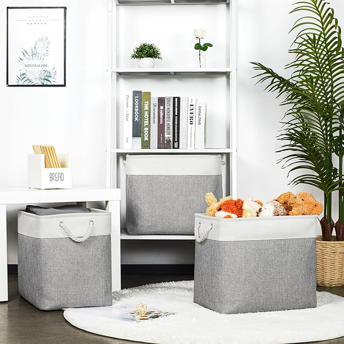 Bidtakay Extra Large Storage Baskets for Organizing 17x12x15.1 inch 3-Pack Fabric Closet Organizers Storage Bins with Handles Foldable Storage Baskets for Shelves Clothes XL-White&Grey-CubbioJoy