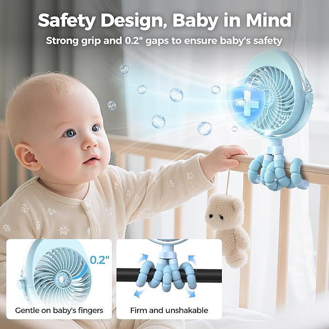 2025 Upgarded 4000mAh Misting Baby Stroller Fan, Rechargeable Battery Operated,Max 15Hrs Cooling,50ml Portable Water Sprayer Misting Fan with Flexible Tripod Clip on Car Seat Crib Treadmill Bunk Bed-CubbioJoy