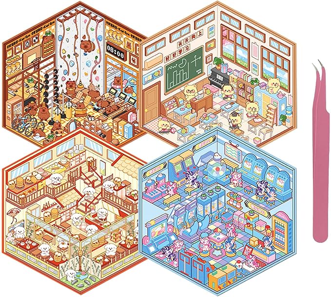 DIY 3D Sticker Scene 4 Sets of Scene Stickers Make Your Own Mini Shop Sticker Cute Miniature Cartoon Therapy Stickers for Kids Adult-CubbioJoy