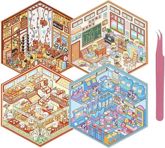 DIY 3D Sticker Scene 4 Sets of Scene Stickers Make Your Own Mini Shop Sticker Cute Miniature Cartoon Therapy Stickers for Kids Adult-CubbioJoy