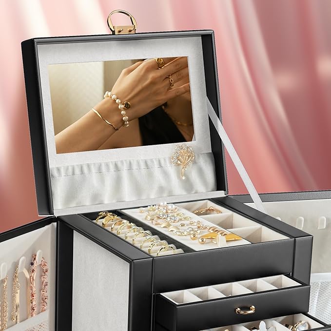 5-Layer Jewelry Box with 4 Drawers, Huge Portable Jewelry Organizer with Lock and Mirror for Women, for Necklace Ring Earring Bracelet Storage, Lockable Jewelry Case, Black-CubbioJoy