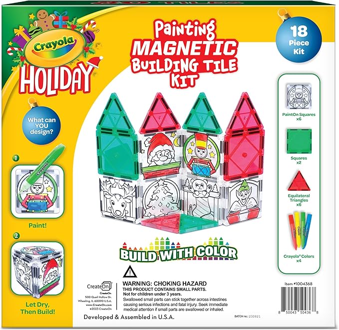 CreateOn Crayola PaintOn Holiday Magnetic Tiles, Magnetic Kids’ Building Toys, STEM Learning Travel Toys for Boys and Girls, 18-Piece Set-CubbioJoy