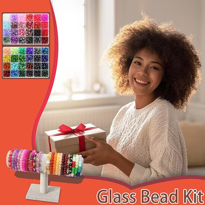 JULIMAIDONG 8mm Glass Beads for Bracelets 2100pcs, 48 Colors Round Crystal Glass Bracelet Making Kit for Jewelry Making Kits Bead DIY Crafts with Spacer Charms Accessories (48Color(Solid+Printing)-CubbioJoy
