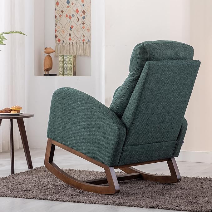 Dolonm Nursery Rocking Chair for Living Room, Upholstered Mid-Century Modern Nursery Rocking Armchair Tall Back Accent Glider Rocker, Emerald-CubbioJoy