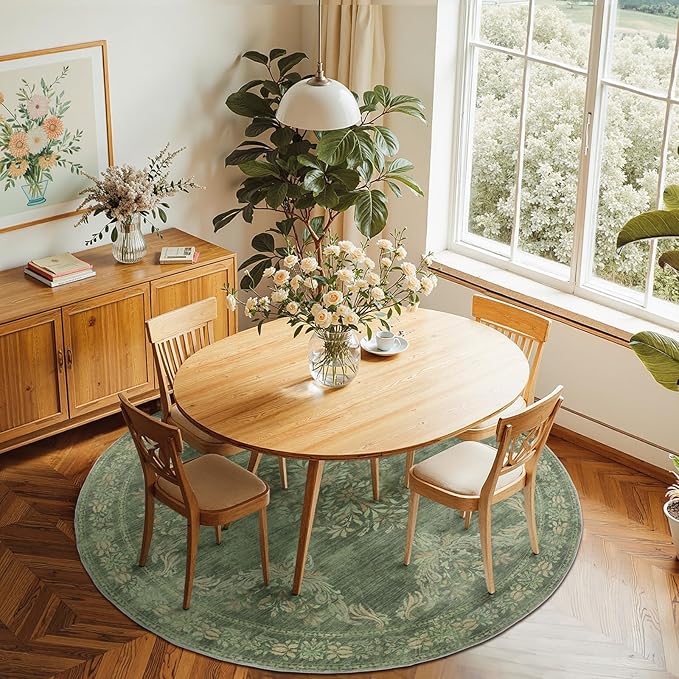 jinchan Round Rug 6ft Area Rugs Vintage Floral Distressed Design,Machine Washable Soft Non-Slip Low-Pile Ultra-Thin Circle Rug for Bedside Living Room Dining Room Bedroom (6' Round, Dark Green)-CubbioJoy