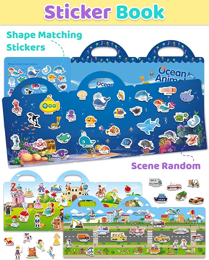Benresive Reusable Sticker Books for Kids 2-4, Sticker Books for Toddlers 1-3 2-4, Toddler Travel Toys Activities Crafts Gifts - Ocean Animals, Fairy and Vehicle-CubbioJoy