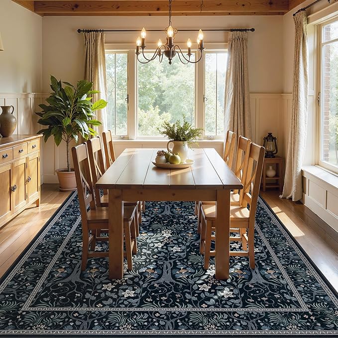 Joydeco Floral Living Room Rugs, Washable Large Bedroom Rug 8x10 Under Bed Non Slip, Soft Forest Botanical Low-Pile Floor Indoor Throw Carpet for Dining Table Home Office, Blue-Black-CubbioJoy