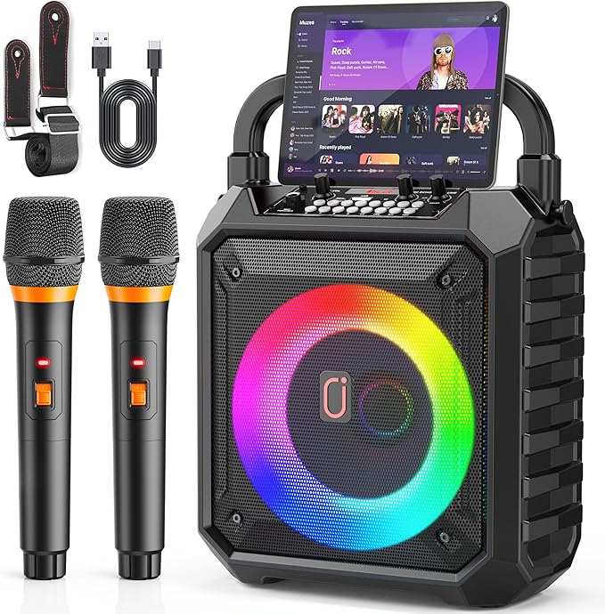 JYX Karaoke Machine with Two Wireless Microphones, Portable Speaker with LED Lights for Kids and Adults, Supports Bluetooth/USB/TF/AUX for Party-CubbioJoy