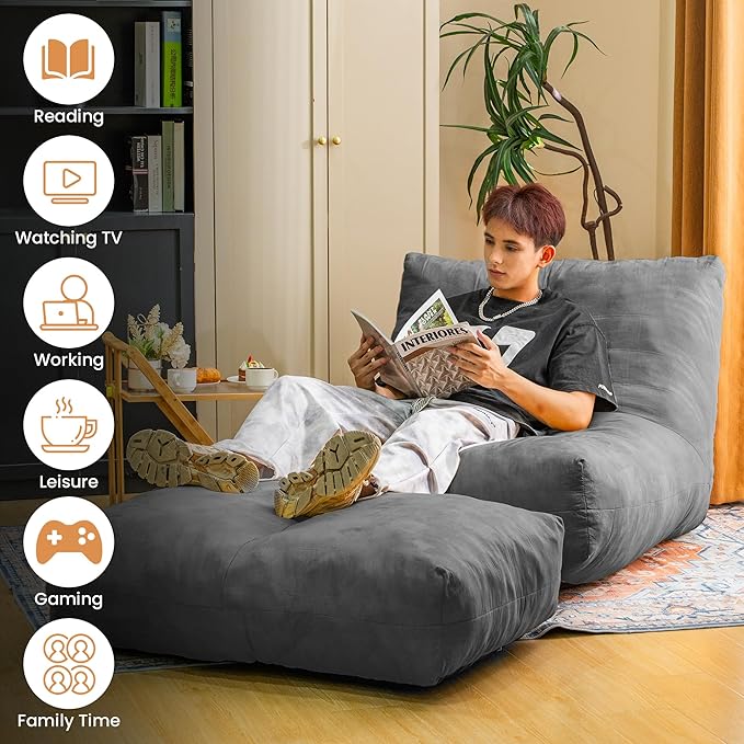 Bean Bag Chair with Ottoman, Comfy Bean Bag Sofa with Memory Foam, Lazy BeanBag Sofa with Footstool, Fireside Bean Bag Couch for Living Room, Bedroom, Apartment-CubbioJoy