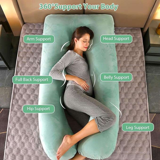 Amagoing 55 inches Pregnancy Pillows for Sleeping, U Shaped Maternity Full Body Pillow for Pregnant Women with Hip, Leg, Back, Belly Support, Washable Velvet Cover Included (Mint Green)-CubbioJoy