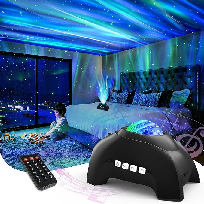 AIRIVO Northern Lights Aurora Projector, Star Projector Music Speaker, White Noise Night Light Galaxy Projector for Kids Adults, for Home Decor Bedroom/Ceiling/Party (Black)-CubbioJoy