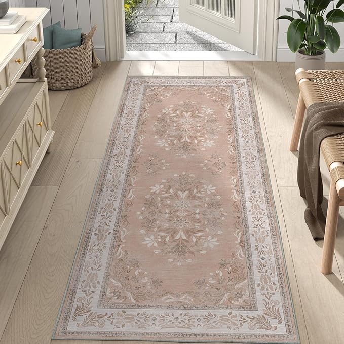 jinchan Vintage Floral Runner Rug 2x5 - Machine Washable Distressed Design Non-Slip Low-Pile Soft Thin Carpet for Hallway Kitchen Farmhouse Bedroom Entryway Laundry Room (2x5ft,Coral Pink)-CubbioJoy