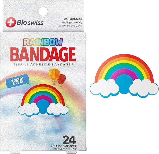 BioSwiss Bandages, Rainbow Shaped Self Adhesive Bandage, Latex Free Sterile Wound Care, Fun First Aid Kit Supplies for Kids, 24 Count-CubbioJoy