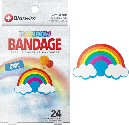 BioSwiss Bandages, Rainbow Shaped Self Adhesive Bandage, Latex Free Sterile Wound Care, Fun First Aid Kit Supplies for Kids, 24 Count-CubbioJoy