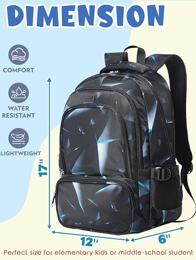 BLUEFAIRY Kids Backpack for Boys Elementary Primary Middle School Bags for Childs Book Bags Bookbags Lightweight Padded Straps Back to School Mochilas para Niños 17" Black/Blue-CubbioJoy
