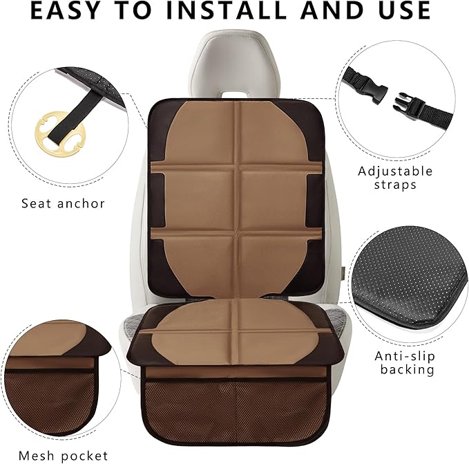 Car Seat Protector, 2 Pack Baby CarSeat Covers with Mesh Pockets & Non-Slip Backing 600D Durable Seat Protectors Under Car Seat for Baby (Black & Brown, Large)-CubbioJoy