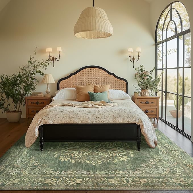 jinchan Green Floral 8x10 Area Rugs for Living Room - Machine Washable Vintage Distressed Design Soft Throw Rug Non-Slip Large Carpet for Bedroom Nursery Dining Room Home Office (8x10ft,Dark Green)-CubbioJoy