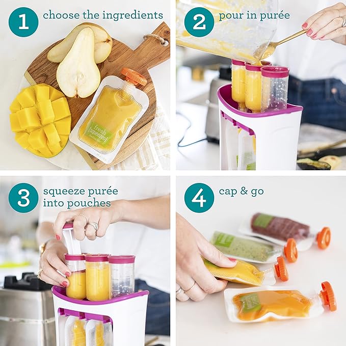 Infantino Squeeze Station, Baby Food Maker & Pouch Filler, Fill 3 Reusable Pouches at Once, Easy to Use, Dishwasher Safe, Homemade Baby Food Prep Essential, Purple-CubbioJoy