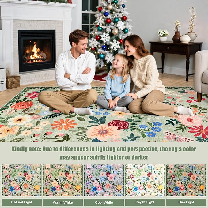 Area Rugs 9x12 Living Room: Floral Washable Rug Vintage Large Soft Boho Non-Slip Carpet Indoor Stain Resistant Low Pile Carpets for Bedroom Dining Room Farmhouse Nursery Hallway Home Office Green-CubbioJoy