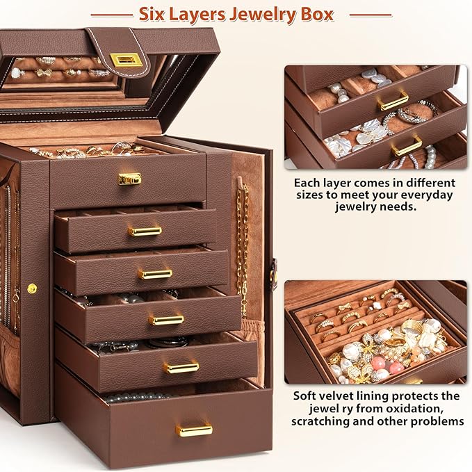 AKOZLIN Jewelry Box Organizer Functional Leather Jewelry Storage Case for Women Girls Ring Necklace Earring Bracelet Holder Organizer with Mirror Brown-CubbioJoy