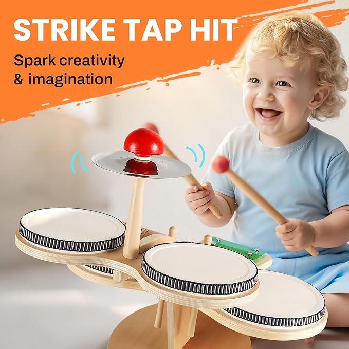 iPlay, iLearn Toddler Wooden Drum Set, Kids Musical Instruments Toy, 8 in 1 Percussion Drum Kit W/Xylophone Cymbal, Baby Montessori Learning Birthday Gifts for 18 Month, 2 3 4 5 6 Year Old Boy Girl-CubbioJoy