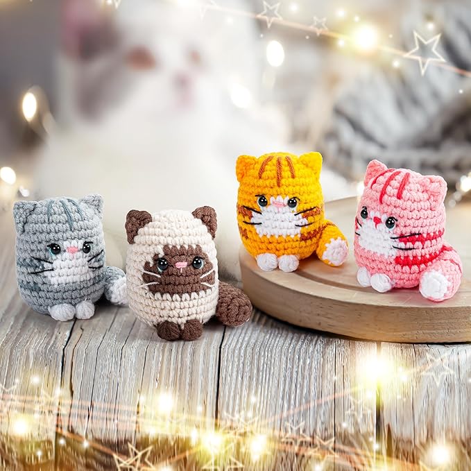 Crochet Kit for Beginners -4 PCS Cat Crochet Kit with Step-by-Step Video Tutorials, Learn to Crochet Kits for Adults and Kids, Beginner Crochet Kits for Adults, Animals Cat Crafts Knitting Kit-CubbioJoy