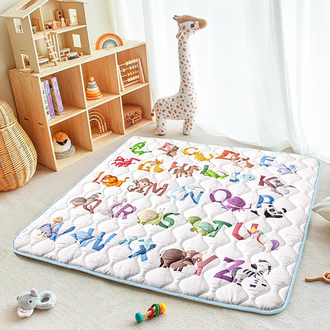 Baby Play Mat, 50x50 Playpen Mat with Super Soft Touch, Activity Mats with Upgraded Anti-Slip Bottom, Machine Washable Crawling Mats for Floor & Picnic (Animal Alphabets)-CubbioJoy