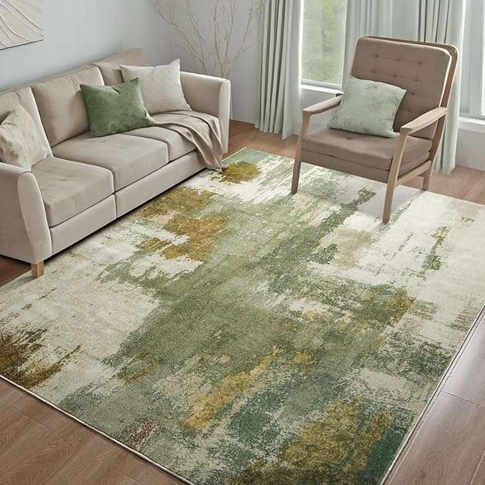 Kelarea Living Room Rug, 5x7 Rug Modern Abstract Washable Rugs Green Faux Wool Vintage Carpets, Non Slip Rug for Bedroom, Dining Room, College Dorm, Kids Playroom, Home Office-CubbioJoy