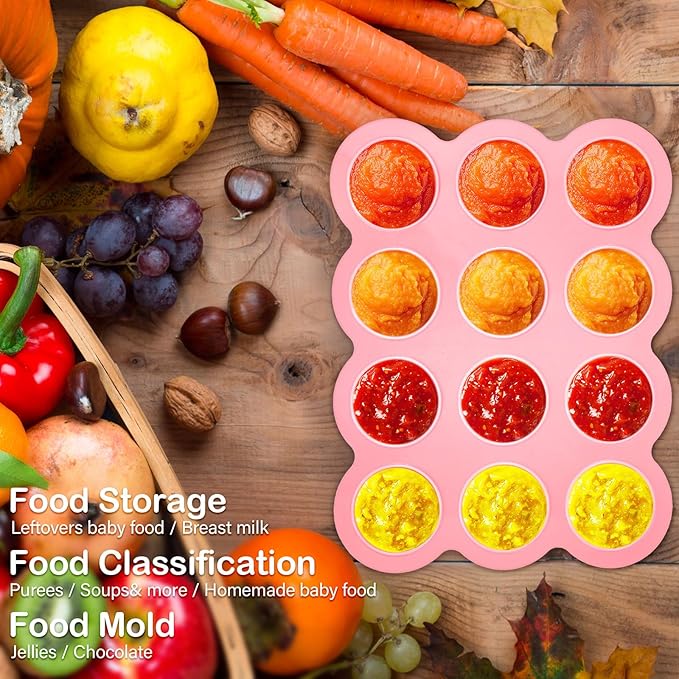 3 Pcs Baby Food Storage Container 12 Cup Silicone Baby Food Freezer Tray with Lid Stackable Reusable Silicone Baby Food Freezer Storage Tray for Food Vegetable Fruit Puree and Breast Milk (Pink)-CubbioJoy