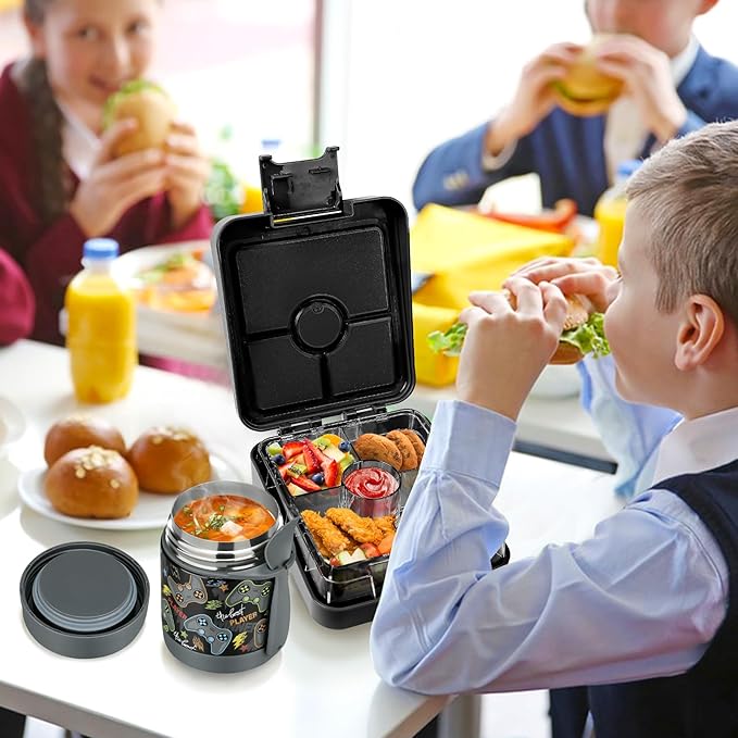 Bento Lunch Box Set With 10oz Soup Thermo, Leak-proof Lunch Containers with 4 Compartment, Kids Hot Thermo Food Jar/Insulation Lunch Bag, Food Containers for School (Black-Games)-CubbioJoy