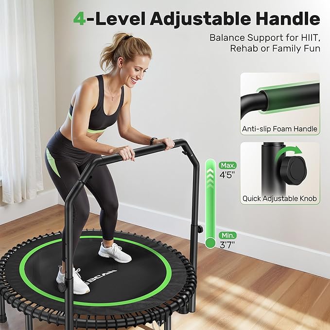 BCAN 40"/48" Mini Rebounder Trampoline for Adults with Bar, 450/550LBS Fitness Trampoline with Bungees, Adjustable Handle, Stable & Quiet, Indoor Outdoor, Whole-Body Workout & Relaxation at Home-CubbioJoy