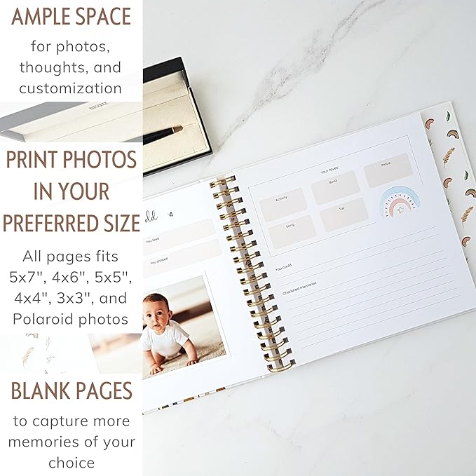 Baby Album Memory Book for Girl or Boy - First 5 Years Unisex Bohemian Rainbow Keepsake Journal to Log Newborn Milestone - Photo Album Scrapbook for Baby Shower - Unique New Parents Gifts for Couples-CubbioJoy