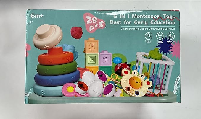 Baby Toys for 6 to 12 Months, Montessori Sensory Bins & Teething Toys, 6 in 1 Stacking Blocks, Rings, Eggs, Spinner, Crab Shape, 27 Pieces, Ages 6-36 Months-CubbioJoy